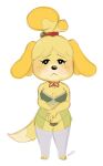  2019 animal_crossing anthro bell bluechika blush breasts canid canine canis clothed clothing dated dipstick_tail domestic_dog female fur hair hi_res isabelle_(animal_crossing) legwear looking_at_viewer mammal markings nintendo panties shih_tzu simple_background solo standing tail_markings toy_dog underwear video_games white_background yellow_body yellow_fur 