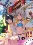  2girls :q artist_name bikini black_hair blue_bikini blue_choker blue_eyes blue_sky bob_cut child choker cloud cup day female_child flat_chest food food-themed_hair_ornament green_eyes grey_hair hair_ornament hairband highres holding holding_cup ice_cream ice_cream_cone lemon_hair_ornament liclac looking_at_another multicolored_hair multiple_girls navel one-piece_swimsuit original outdoors partially_submerged popcorn scrunchie shiny shiny_hair short_hair short_twintails side_ponytail sitting sky streaked_hair summer sweat swimsuit tongue tongue_out twintails water white_hairband white_swimsuit wrist_scrunchie yellow_scrunchie 