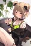  1girl bikini bodysuit breasts diieru double_bun earrings fishnet_bodysuit fishnets food girls&#039;_frontline green_bikini hair_bun highres holding holding_food holding_spoon jewelry light_brown_hair medium_breasts official_alternate_costume p90_(girls&#039;_frontline) p90_(the_girl_from_b.e.l)_(girls&#039;_frontline) plant potted_plant red_eyes sitting solo spoon swimsuit yellow_nails 