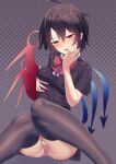  1girl ahoge asymmetrical_wings black_dress black_hair bow bowtie breasts covered_nipples dress houjuu_nue kisamu_(ksmz) nail_polish panties polka_dot polka_dot_panties red_bow red_bowtie red_eyes short_dress solo thighhighs touhou underwear wings 