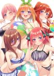  5girls ball bangs bare_shoulders beachball bikini bikini_skirt black_bikini blunt_bangs blush brown_hair closed_mouth collarbone cup dot_nose drinking drinking_straw floral_print go-toubun_no_hanayome green_bikini groin hachiroku_(hatirokusann86) hair_between_eyes hair_ornament hair_ribbon hand_on_hip hand_up high_ponytail highres holding holding_ball holding_beachball holding_cup holding_innertube innertube leaning_forward medium_hair multiple_girls nakano_ichika nakano_itsuki nakano_miku nakano_nino nakano_yotsuba navel one_eye_closed open_mouth pink_hair purple_eyes red_bikini red_hair ribbon shiny shiny_hair short_hair siblings side-tie_bikini simple_background sisters smile star_(symbol) star_hair_ornament strap_gap striped striped_bikini swimsuit teeth thighs upper_teeth vertical-striped_bikini vertical_stripes 