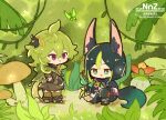  1boy 1girl animal_ears black_gloves black_hair bug butterfly chibi collei_(genshin_impact) flower fox_boy fox_ears genshin_impact gloves green_eyes green_hair long_sleeves looking_at_another looking_down multicolored_hair nnz outdoors purple_eyes short_sleeves slime_(creature) slime_(genshin_impact) streaked_hair yellow_flower 