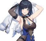  0-toki 1girl armpits arms_up bangle bangs bare_shoulders bead_bracelet beads black_hair blush bob_cut bracelet breasts choker cleavage cleavage_cutout clothing_cutout coat dark_blue_hair diagonal_bangs dice dot_nose elbow_gloves fishnets fur-trimmed_coat fur_trim genshin_impact gloves gradient_hair green_eyes grin highres holding holding_clothes jewelry large_breasts mole mole_on_breast multicolored_hair neck_tassel short_hair simple_background single_elbow_glove smile solo turtleneck white_background white_gloves yelan_(genshin_impact) 