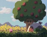  apple bush cloud cloudy_sky day fantasy field flower flower_field food fruit house kirby kirby_(series) light looking_to_the_side miclot mountain outdoors sky star_(symbol) sunflower tree watermelon 