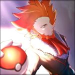  1boy beard blurry closed_mouth commentary_request facial_hair fur-trimmed_jacket fur_trim grey_eyes highres holding holding_poke_ball jacket lysandre_(pokemon) male_focus orange_hair poke_ball poke_ball_(basic) pokemon pokemon_(game) pokemon_xy shirt short_hair solo spiked_hair takibpkms team_flare upper_body 