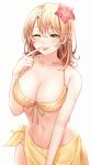  1girl ;p bangs bikini blush breasts brown_hair cleavage commentary_request flower hair_flower hair_ornament isshiki_iroha large_breasts looking_at_viewer medium_hair navel one_eye_closed open_mouth orange_bikini orange_sarong red_hayao sarong solo swimsuit tongue tongue_out yahari_ore_no_seishun_lovecome_wa_machigatteiru. yellow_eyes 