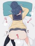  1girl after_sex ame_(amechan17391739) ass bed_sheet black_pantyhose blue_hair blush clothes_lift condom cum cum_on_clothes face_in_pillow feet_out_of_frame hair_bun highres long_sleeves pantyhose pantyhose_around_one_leg pillow school_uniform shima_rin single_hair_bun skirt skirt_lift solo sweater top-down_bottom-up trembling used_condom yellow_sweater yurucamp 
