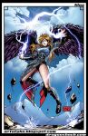  1girl angel_wings black_wings blonde_hair blue_dress boots breath_of_fire breath_of_fire_ii bridal_gauntlets dress green_eyes knees lightning long_hair nina_(breath_of_fire_ii) peter_huu_nguyen puffy_sleeves side_slit signature sky thighs wings 