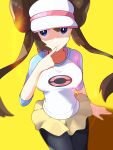  1girl bangs black_pantyhose blue_eyes blurry breasts brown_hair closed_mouth commentary_request cowboy_shot double_bun hair_bun hand_up highres legwear_under_shorts long_hair looking_at_viewer pantyhose pokemon pokemon_(game) pokemon_bw2 raglan_sleeves rosa_(pokemon) shirt short_shorts shorts smile solo takibpkms twintails visor_cap yellow_background yellow_shorts 