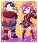  ... 1boy 1girl bangs boots border breasts chibi closed_mouth commentary_request courtney_(pokemon) fake_horns gloves highres holding holding_poke_ball hood hood_up horned_headwear horns logo musical_note outline poke_ball poke_ball_(basic) pokemon pokemon_(game) pokemon_oras purple_eyes purple_hair short_hair shorts spoken_ellipsis standing tabitha_(pokemon) takibpkms team_magma team_magma_uniform translation_request white_border 