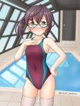  1girl blue-framed_eyewear brown_hair commentary_request competition_swimsuit contrapposto cowboy_shot door flat_chest glasses green_eyes grey_thighhighs highres indoors kantai_collection multicolored_clothes multicolored_hair multicolored_swimsuit okinami_(kancolle) one-piece_swimsuit pink_hair pool purple_swimsuit rei_no_pool short_hair solo standing swimsuit thighhighs yuusen_(aenka) 