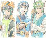  3boys agahari blonde_hair blue_eyes brown_hair cape circlet closed_mouth dragon_quest dragon_quest_ii dragon_quest_iv earrings gloves goggles goggles_on_head goggles_on_headwear green_hair hero_(dq4) jewelry multiple_boys open_mouth prince_of_lorasia prince_of_samantoria simple_background spiked_hair sword weapon white_background 