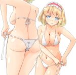  1girl alice_margatroid arnest ass back bangs bare_shoulders blonde_hair blue_eyes blush bow bra breasts closed_mouth collarbone commentary_request frills grey_bra grey_panties hairband hands_up highres large_breasts looking_to_the_side navel panties red_hairband short_hair simple_background smile solo standing stomach touhou underwear white_background white_bow white_bra white_panties 