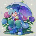  1boy blue_eyes blue_footwear blue_hair blush coat dated flower hana_(mew) heterochromia highres holding holding_umbrella looking_away open_mouth purple_coat puyopuyo rain_boots raincoat red_eyes short_hair sig_(puyopuyo) smile snail solo squatting umbrella 