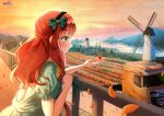  1girl absurdres bangs black_hairband blunt_bangs braid curly_hair de_ruyter_(kancolle) dress evening field flower flower_field fritz614 green_dress green_eyes ground_vehicle hairband highres kantai_collection long_hair motor_vehicle outdoors petals red_hair river short_sleeves side_braid smile solo truck upper_body windmill 