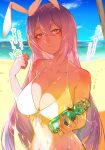  1girl animal_ears beach bikini blue_sky breasts cloud day front-tie_bikini front-tie_top highres horizon light_smile long_hair looking_at_viewer navel ocean outdoors rabbit_ears reisen_udongein_inaba sand shore sky soku_(bluerule-graypray) solo swimsuit touhou translation_request very_long_hair water 