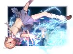 1girl blurry border brown_eyes brown_hair brown_vest depth_of_field electricity feet_out_of_frame flower grey_skirt hair_flower hair_ornament highres kneehighs miniskirt misaka_mikoto nyome991 outstretched_arms pleated_skirt school_uniform shiny shiny_hair shirt short_hair short_sleeves shorts shorts_under_skirt skirt socks solo toaru_majutsu_no_index tokiwadai_school_uniform vest white_border white_flower white_shirt white_shorts 