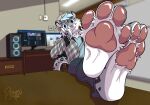  anthro clothed clothing feet feet_up felid foot_focus hi_res looking_at_viewer male mammal pantherine pawpads paws snow_leopard soarinarts soles solo toes 