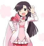  1girl ;d black_hair braid brown_eyes cape chiyoda_sakura commentary_request cowboy_shot crown_braid hand_on_hip hand_up highres jacket long_hair long_sleeves machikado_mazoku magical_girl one_eye_closed open_mouth shirosato simple_background smile solo waving white_background white_jacket 