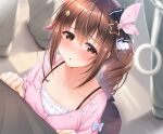  1girl absurdres blush brown_eyes brown_hair brown_skirt camisole diamond_hair_ornament embarrassed frilled_camisole frills hair_between_eyes hair_flaps hair_ornament hair_ribbon hairclip highres hololive kamishiro_mai_(capti-no) long_hair long_sleeves parted_lips pink_ribbon pink_shirt plaid plaid_skirt pleated_skirt ribbon shirt side_ponytail sideways_glance skirt solo_focus star_(symbol) star_hair_ornament subway tokino_sora train_interior virtual_youtuber wavy_hair white_camisole 