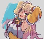  1girl :d arms_behind_head arms_up bangs bell blonde_hair breasts bun_cover detached_sleeves double_bun fang green_eyes hair_between_eyes hair_bun hololive jingle_bell leaning_back long_hair long_sleeves medium_breasts momosuzu_nene open_mouth rumie smile solo upper_body virtual_youtuber yellow_sleeves 