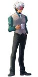  1boy ace_attorney black_pants covered_eyes cup dark-skinned_male dark_skin eye_mask facial_hair godot_(ace_attorney) hand_in_pocket highres holding holding_cup lianh13 long_sleeves male_focus mask necktie pants phoenix_wright:_ace_attorney_-_trials_and_tribulations smile solo standing vest vest_over_shirt white_background white_hair 