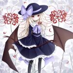  1girl absurdres artist._.luna artist_name bat_wings black_pantyhose blonde_hair blue_shirt blue_skirt bow bow_(weapon) bowtie closed_mouth collared_shirt dated feet_out_of_frame flower frilled_shirt_collar frilled_skirt frilled_sleeves frills hair_between_eyes hat hat_ribbon highres holding holding_bow_(weapon) holding_flower holding_weapon long_hair original pantyhose purple_bow purple_bowtie purple_ribbon red_eyes ribbon shirt skirt skirt_set smile solo spider_lily standing vampire weapon wide_sleeves wings 