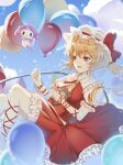  ankle_ribbon ascot balloon blonde_hair blue_background blurry blurry_foreground breasts brown_eyes collared_shirt depth_of_field fang feet_out_of_frame flandre_scarlet frilled_shirt_collar frilled_skirt frilled_sleeves frills hair_between_eyes hat hat_ribbon highres holding holding_balloon holding_stuffed_toy leg_ribbon medium_hair mob_cap open_mouth puffy_short_sleeves puffy_sleeves red_ribbon red_skirt red_vest ribbon shiny shiny_hair shirt short_sleeves side_ponytail skirt skirt_set small_breasts stuffed_animal stuffed_toy teddy_bear touhou vest white_headwear white_shirt wspg7345 yellow_ascot 