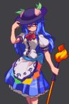  1girl bangs black_background black_headwear blue_hair blue_skirt bow bowtie closed_mouth collared_shirt food fruit hand_on_headwear hinanawi_tenshi holding holding_sword holding_weapon leaf long_hair one_eye_closed peach pixel_art potemki11 puffy_short_sleeves puffy_sleeves red_bow red_bowtie red_eyes shirt short_sleeves simple_background skirt solo standing sword sword_of_hisou touhou weapon 