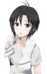  1girl antenna_hair black_hair grey_eyes hair_between_eyes idolmaster idolmaster_(classic) idolmaster_2 kikuchi_makoto mogskg open_mouth shirt short_hair solo t-shirt towel towel_around_neck wet wet_hair white_background 