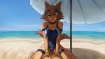  1boy 1girl :3 animal_nose beach beach_umbrella belt_collar blue_eyes bracelet brown_hair collar commission dog_girl fangs furry furry_female furry_with_non-furry girl_on_top hair_between_eyes hairband hetero highres interspecies jewelry monster_musume_no_iru_nichijou ocean one-piece_swimsuit one_eye_closed penis polt precum precum_drip sand seraziel sidelocks sitting smile swimsuit tail tail_wagging tongue tongue_out umbrella 