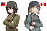  2girls :d backpack bag belt black_eyes black_hair blonde_hair blue_eyes blush character_request china chinese_commentary clothing_request copyright_request crossed_arms damaged fang germany gun helmet highres looking_at_viewer medium_hair military military_helmet military_uniform multiple_girls national_revolutionary_army nazi_flag reichsadler republic_of_china_flag rifle rifle_on_back simple_background skin_fang sling_(weapon) smile stahlhelm swastika uniform weapon wehrmacht white_background world_war_ii yumi_(artist) 
