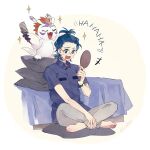  bandai_namco blue_hair claws digimon digimon_(species) duo feral gomamon hair hi_res human humor joe_kido lanllan male mammal personal_grooming ponytail red_hair social_grooming styling_hair 