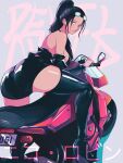  1girl absurdres ass bicycle black_hair blue_eyes boots breasts cleavage closed_mouth eyewear_on_head ground_vehicle highres huge_breasts jacker large_breasts long_hair looking_at_viewer nico_robin one_piece opalisart shorts simple_background smile solo sunglasses thighhighs 
