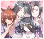  4girls \m/ agnes_tachyon_(umamusume) ahoge air_shakur_(umamusume) animal_ears aqua_eyes bangs black_hair brown_hair closed_mouth double_v earrings eyebrow_piercing fuji_kiseki_(umamusume) hair_between_eyes hand_up highres horse_ears jewelry long_hair looking_at_viewer manhattan_cafe_(umamusume) multiple_girls one_eye_closed orange_eyes parted_lips piercing purple_shirt sailor_collar school_uniform sharp_teeth shirt single_earring skirt smile teeth tracen_school_uniform twitter_username umamusume upper_body v v-shaped_eyebrows white_skirt yellow_eyes yuhkiano 