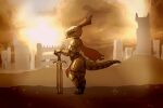  amber_(squablodecomplash) ambiguous_gender anthro armor building clothing cloud horn kobold melee_weapon outside red_cape red_clothing sky solo squablodecomplash sword towers weapon 