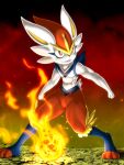  abs anthro athletic athletic_anthro athletic_male blue_body blue_fur cinderace colored digital_media_(artwork) feet fire fireball fur fur_markings hi_res lagomorph male mammal markings ninja_fiction nintendo open_mouth pok&eacute;mon pok&eacute;mon_(species) red_body red_eyes red_fur smoke solo standing stone_floor teeth_showing toned_body toned_legs toned_muscles toned_stomach toned_thighs video_games white_body white_fur 