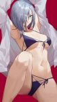  1girl absurdres armpits arms_up front-tie_bra girls&#039;_frontline green_eyes grey_hair hair_over_one_eye highres leg_up mg5_(girls&#039;_frontline) open_clothes open_shirt panties red_background ren_huozhe shirt short_hair simple_background string_panties underwear white_shirt 