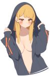  1girl :/ absurdres bangs black_hoodie blonde_hair blunt_bangs blush boku_no_hero_academia breasts cleavage closed_mouth collarbone cowboy_shot cropped_legs double_vertical_stripe groin highres hood hood_pull hood_up hoodie large_breasts long_hair long_sleeves looking_at_viewer naked_hoodie raised_eyebrow rasusurasu short_eyebrows sidelocks simple_background solo straight_hair toga_himiko tsurime white_background yellow_eyes 