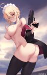  1girl ahoge artist_name artoria_pendragon_(alter_swimsuit_rider)_(fate) artoria_pendragon_(alter_swimsuit_rider)_(second_ascension)_(fate) artoria_pendragon_(fate) ass aztodio black_jacket black_thighhighs blonde_hair breasts closed_mouth fate/grand_order fate_(series) gun hair_between_eyes holding holding_gun holding_weapon jacket large_breasts looking_at_viewer looking_back maid_headdress nipples nude off_shoulder sidelocks smile solo thighhighs thighs weapon yellow_eyes 