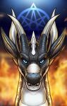  absurd_res black_body black_scales blue_eyes dragon fire headshot_portrait hi_res horn looking_at_viewer open_mouth portrait scales smile spines teeth vateo 