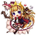  1girl bangs black_footwear black_shirt blonde_hair blush book boots bow bowtie breasts cagliostro_(granblue_fantasy) cape chibi commentary_request dragon full_body gold gold_hairband granblue_fantasy heart holding holding_book holding_staff long_hair looking_at_viewer miya_(chocolate_holic) open_mouth purple_eyes red_bow red_bowtie red_skirt shirt simple_background skirt small_breasts smile solo staff sunshine_creation thighhighs vambraces white_background 