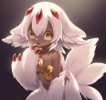  1girl animal_ear_fluff animal_ears body_fur brown_eyes choke_(amamarin) claws dark-skinned_female dark_skin extra_arms extra_tails faputa furry furry_female hand_to_own_mouth made_in_abyss monster_girl navel open_mouth short_hair solo tail white_hair 