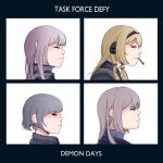  4girls ak-12_(girls&#039;_frontline) ak-15_(girls&#039;_frontline) album_cover an-94_(girls&#039;_frontline) blonde_hair braid cigarette closed_eyes cover defy_(girls&#039;_frontline) demon_days_(gorillaz) facing_to_the_side from_side girls&#039;_frontline gorillaz grey_hair headphones highres long_hair looking_at_viewer multiple_girls parabellum parody rpk-16_(girls&#039;_frontline) short_hair smoking 