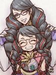  2girls artist_request bayonetta bayonetta_(series) bayonetta_1 bayonetta_3 black_hair braid breasts cereza child closed_eyes clothing_cutout earrings eyeshadow glasses gloves gun hair_ribbon jewelry large_breasts lipstick long_hair makeup mole mole_under_mouth multicolored_hair multiple_girls red_hair ribbon simple_background smile streaked_hair twin_braids weapon 