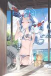  1girl bag bag_removed bikini black_ribbon blue_archive blue_hair blue_halo chise_(swimsuit)_(blue_archive) closed_eyes closed_mouth cloud commentary_request crab day electric_fan hand_up highres horns lemonade light_blush long_hair neck_ribbon ocean oni_horns red_horns ribbon sailor_collar serie_niai shoulder_bag sitting solo striped striped_bikini sweat swimsuit tree very_long_hair white_sailor_collar wind_chime 