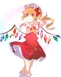  1girl absurdres ascot blonde_hair collared_shirt commentary_request crystal feet_out_of_frame flandre_scarlet foreshortening frilled_shirt_collar frilled_skirt frilled_sleeves frills hair_between_eyes hat hat_ribbon highres long_hair looking_at_viewer lower_teeth mob_cap multicolored_wings nail_polish open_mouth puffy_short_sleeves puffy_sleeves red_eyes red_nails red_ribbon red_skirt red_vest ribbon sasaki_sakiko shirt short_sleeves side_ponytail simple_background skirt skirt_set socks solo teeth touhou upper_teeth v-shaped_eyebrows vest white_headwear white_shirt white_socks wings yellow_ascot 