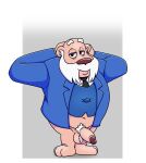  2022 absurd_res anthro balls beard clothing colonel_k danger_mouse_(series) facial_hair genitals hi_res humanoid_genitalia humanoid_penis male mammal mature_male necktie neenya overweight overweight_male penis pubes shirt simple_background solo topwear ursid 