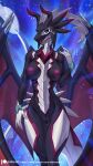  2022 5_fingers alanscampos anthro areola blue_eyes breasts digital_media_(artwork) dragonmaid_(yu-gi-oh!) female fingers front_view genitals hi_res horn looking_at_viewer nipples non-mammal_breasts open_mouth pussy solo teeth text url wings 