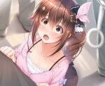  1girl absurdres blush brown_eyes brown_hair brown_skirt camisole diamond_hair_ornament embarrassed frilled_camisole frills hair_between_eyes hair_flaps hair_ornament hair_ribbon hairclip highres hololive kamishiro_mai_(capti-no) long_hair long_sleeves open_mouth pink_ribbon pink_shirt plaid plaid_skirt pleated_skirt ribbon shirt side_ponytail skirt solo_focus star_(symbol) star_hair_ornament subway tokino_sora train_interior virtual_youtuber wavy_hair white_camisole 